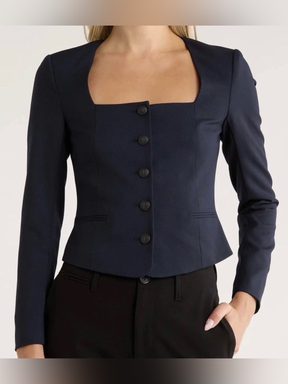 Women's Navy Square-Neck Button Blazer
